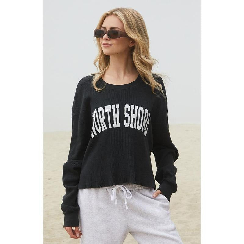 John Galt Women's Black North Shore Waffle Knit Crew Neck Sweatshirt T-Shirts, Hoodie | DripVista.com