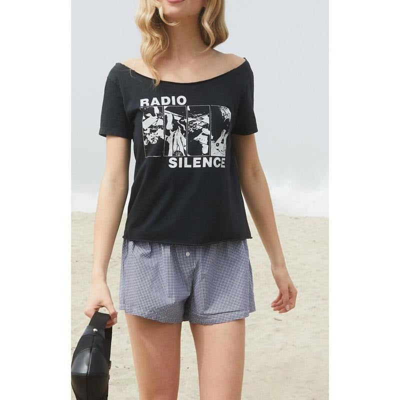 John Galt Women's Black Radio Silence Off-The-Shoulder Top T-Shirts, Hoodie, Sweatshirt | DripVista.com