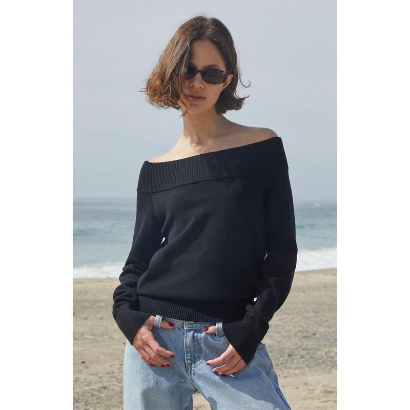 John Galt Women's Black Renata Off-The-Shoulder Sweater T-Shirts, Hoodie, Sweatshirt | DripVista.com