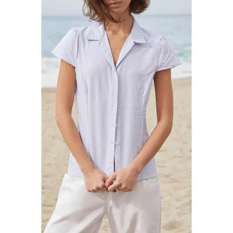 John Galt Women's Blue & White Rue Striped Collared Top T-Shirts, Hoodie, Sweatshirt | DripVista.com