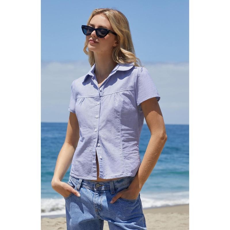 John Galt Women's Blue & White Striped Teagan Collared Top T-Shirts, Hoodie, Sweatshirt | DripVista.com
