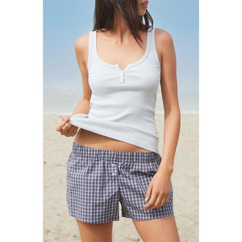 John Galt Women's Blue Plaid Keira Pajama Boxer Shorts T-Shirts, Hoodie, Sweatshirt | DripVista.com