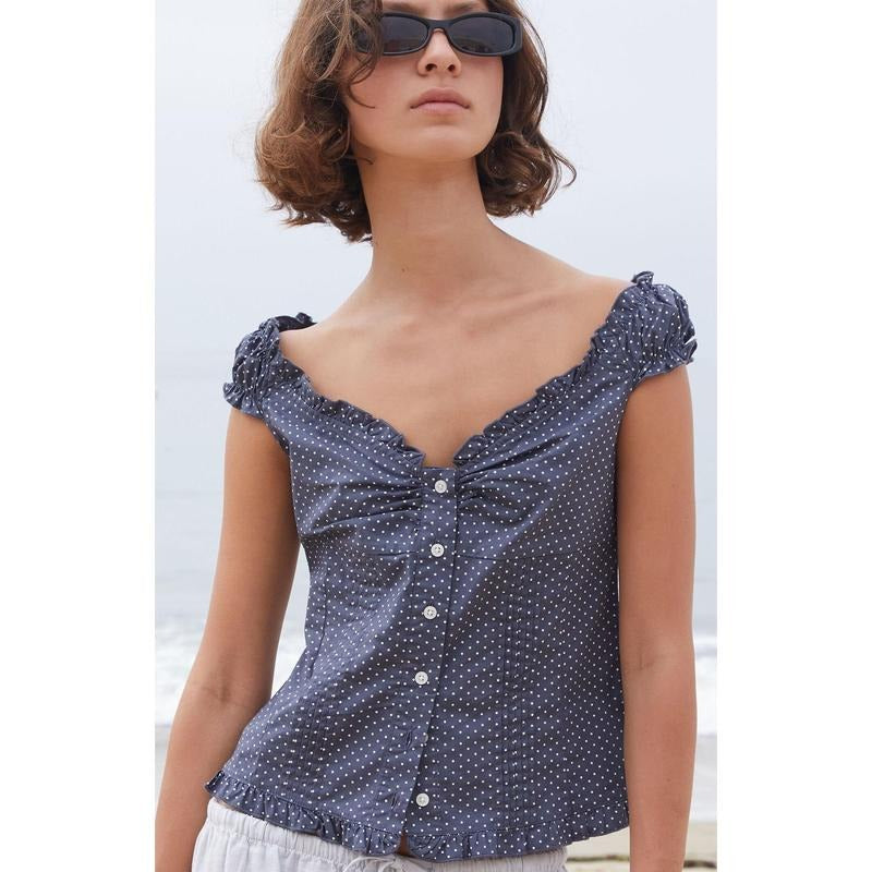 John Galt Women's Blue Polka Dot Elena Top T-Shirts, Hoodie, Sweatshirt | DripVista.com