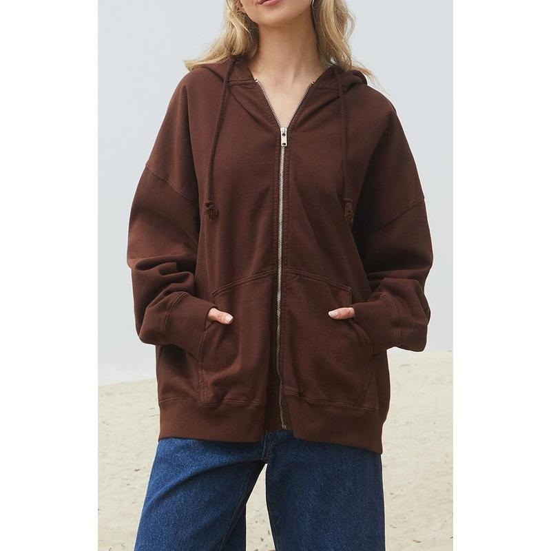 John Galt Women's Brown Christy Full Zip Oversized Hoodie T-Shirts, Sweatshirt | DripVista.com