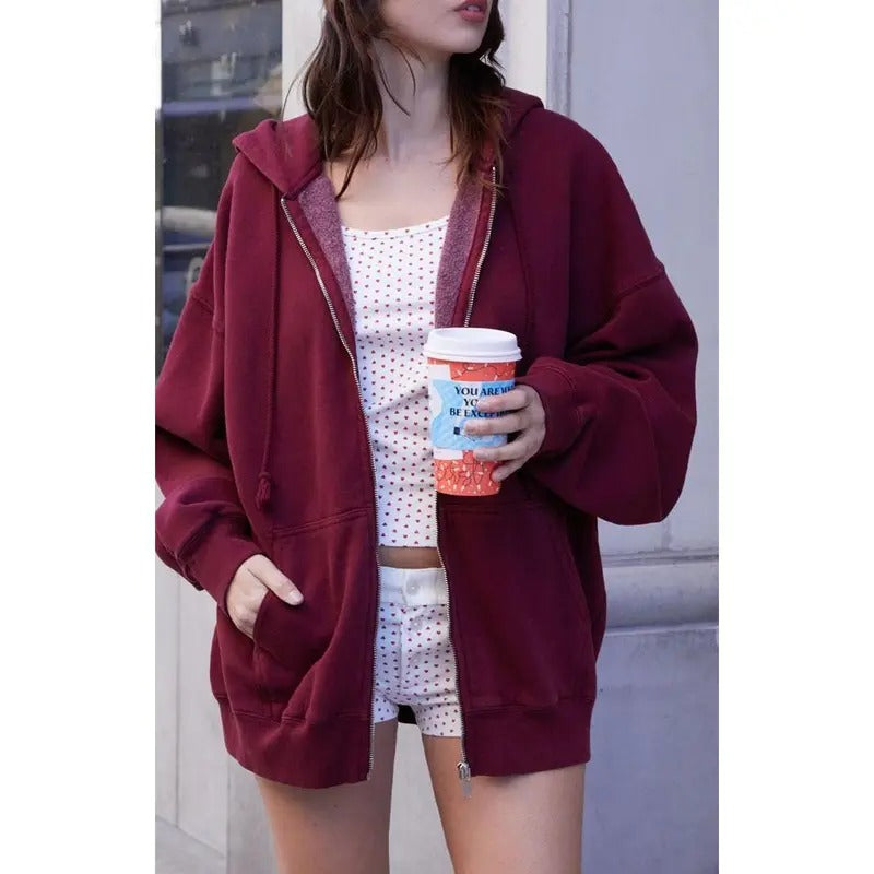 John Galt Women's Burgundy Christy Full Zip Hoodie T-Shirts, Sweatshirt | DripVista.com