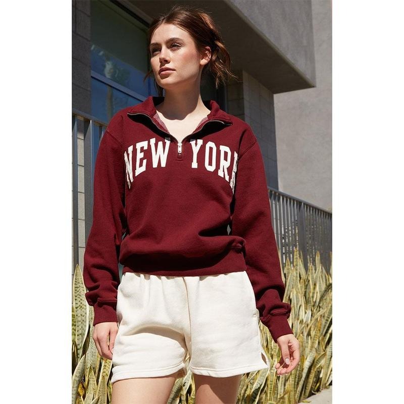 John Galt Women's Burgundy New York Half Zip Sweatshirt T-Shirts, Hoodie | DripVista.com