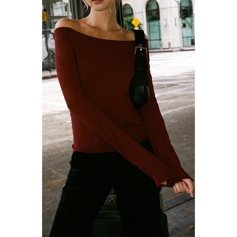 John Galt Women's Burgundy Off-The-Shoulder Top T-Shirts, Hoodie, Sweatshirt | DripVista.com