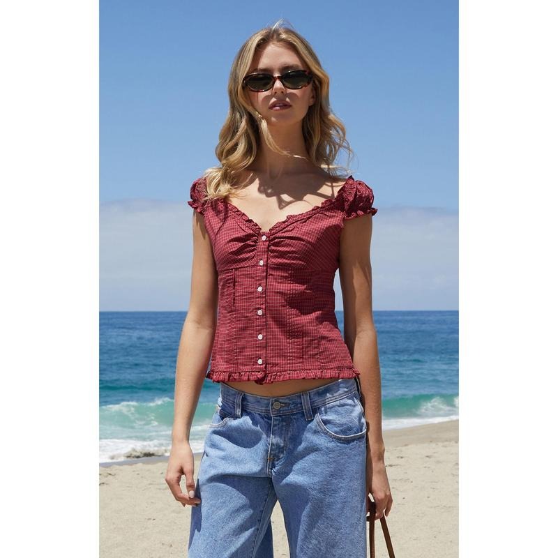 John Galt Women's Burgundy Plaid Elena Top T-Shirts, Hoodie, Sweatshirt | DripVista.com