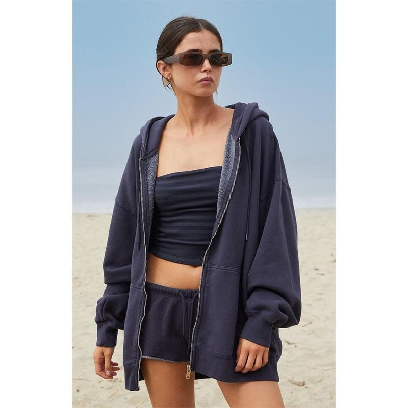 John Galt Women's Dark Blue Christy Full Zip Oversized Hoodie T-Shirts, Sweatshirt | DripVista.com