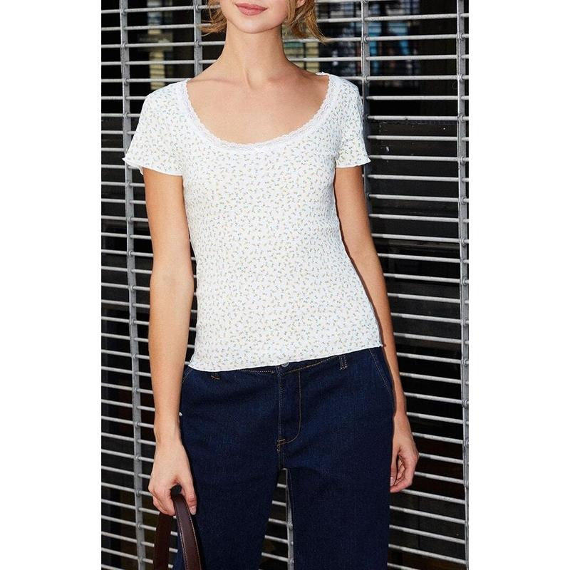 John Galt Women's Floral Mckenna Pointelle Short Sleeve Top T-Shirts, Hoodie, Sweatshirt | DripVista.com
