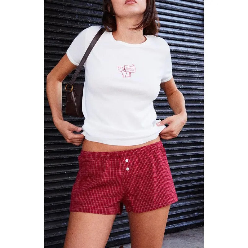 John Galt Women's Keira Red Plaid Boxer Shorts T-Shirts, Hoodie, Sweatshirt | DripVista.com
