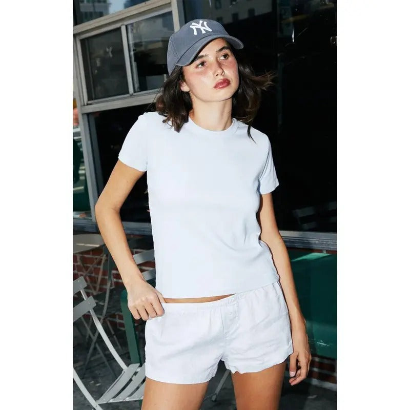 John Galt Women's Light Blue Aimee Linen Boxer Shorts T-Shirts, Hoodie, Sweatshirt | DripVista.com