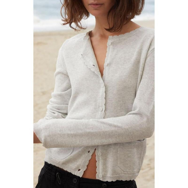 John Galt Women's Light Gray Scalloped Button Down Cardigan T-Shirts, Hoodie, Sweatshirt | DripVista.com