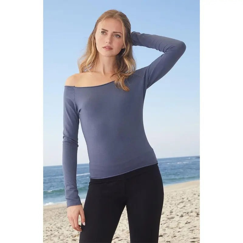 John Galt Women's Navy Bonnie Off-The-Shoulder Long Sleeve Top T-Shirts, Hoodie, Sweatshirt | DripVista.com