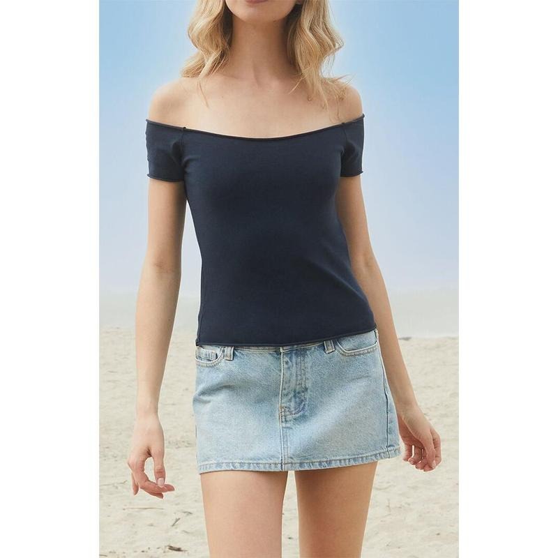John Galt Women's Navy Bonnie Off-The-Shoulder Top T-Shirts, Hoodie, Sweatshirt | DripVista.com