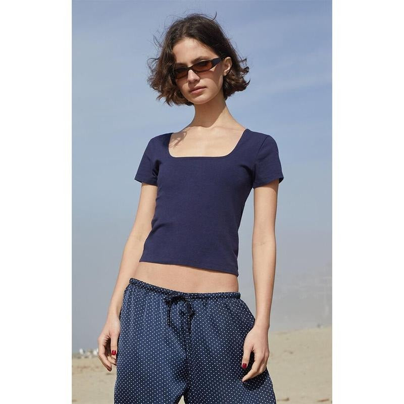 John Galt Women's Navy Brenna Short Sleeve Top T-Shirts, Hoodie, Sweatshirt | DripVista.com