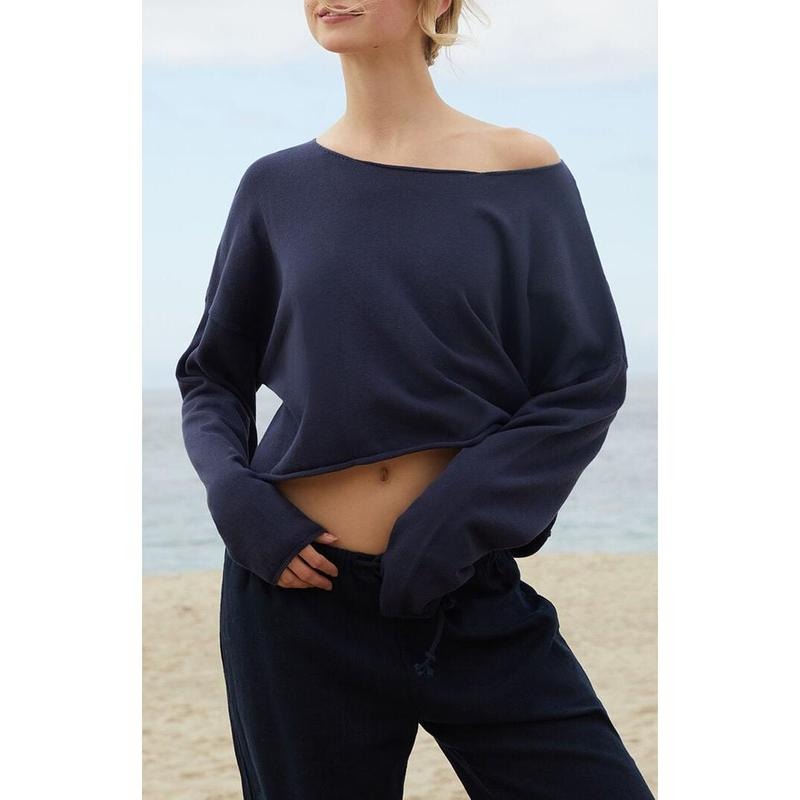 John Galt Women's Navy Cameron Cropped Sweater T-Shirts, Hoodie, Sweatshirt | DripVista.com
