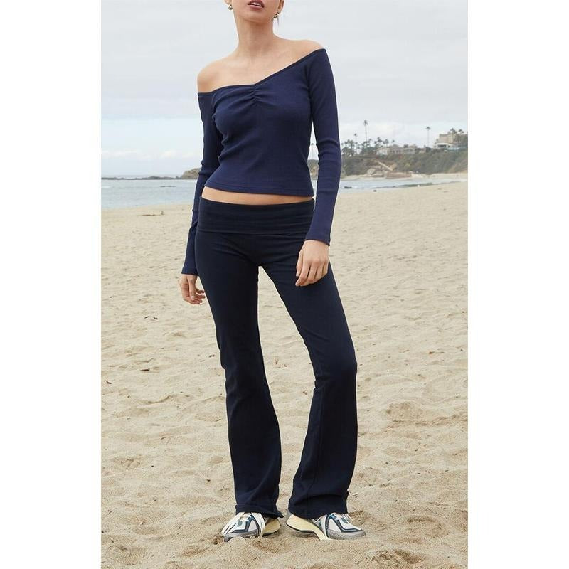 John Galt Women's Navy Off-The-Shoulder Cinched Long Sleeve Top T-Shirts, Hoodie, Sweatshirt | DripVista.com