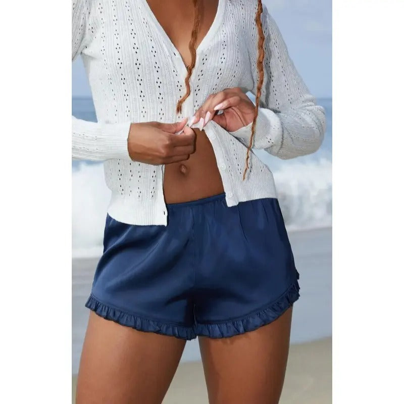 John Galt Women's Navy Ruffle Shorts T-Shirts, Hoodie, Sweatshirt | DripVista.com