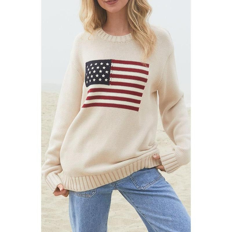 John Galt Women's Nico American Flag Crew Neck Sweater T-Shirts, Hoodie, Sweatshirt | DripVista.com