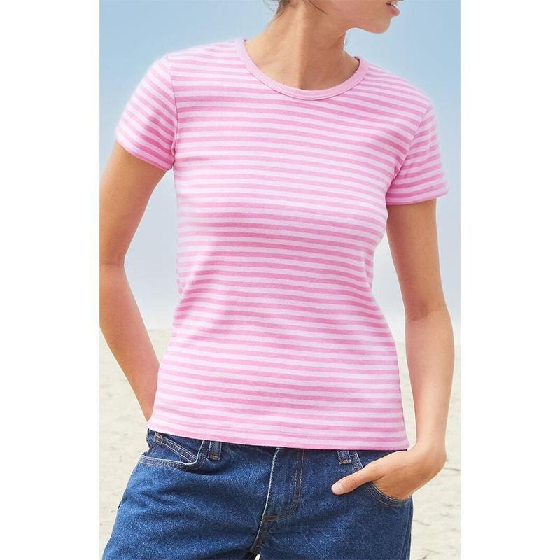 John Galt Women's Pink Striped Hailie T-Shirt Hoodie, Sweatshirt | DripVista.com