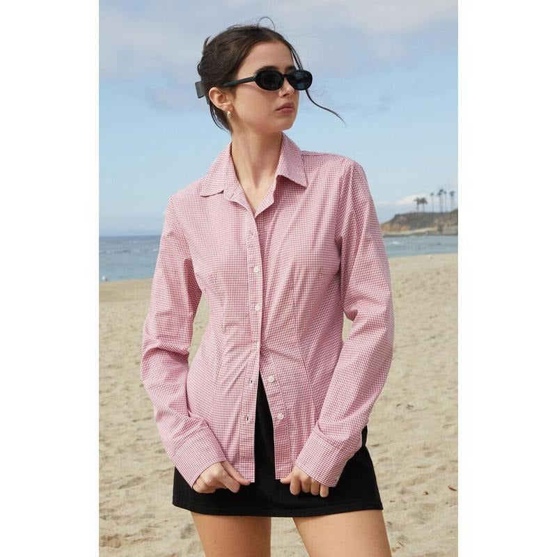 John Galt Women's Red Millie Plaid Long Sleeve Shirt Hoodie, Sweatshirt | DripVista.com