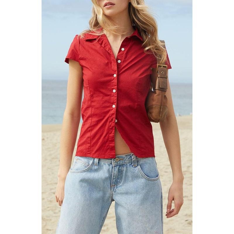 John Galt Women's Red Rue Collared Top T-Shirts, Hoodie, Sweatshirt | DripVista.com