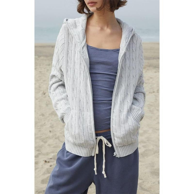 John Galt Women's Silver Cable Knit Zip Up Sweater Hoodie T-Shirts, Sweatshirt | DripVista.com