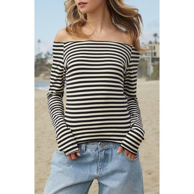 John Galt Women's Striped Bonnie Long Sleeve Off-The-Shoulder Top T-Shirts, Hoodie, Sweatshirt | DripVista.com