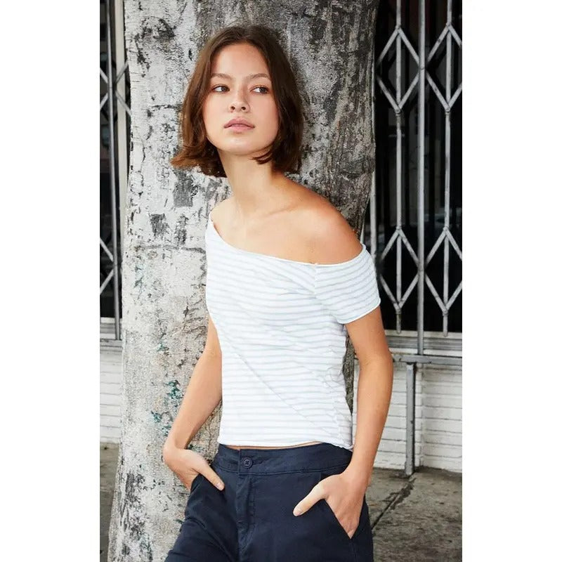 John Galt Women's Striped Bonnie Off-The-Shoulder Top T-Shirts, Hoodie, Sweatshirt | DripVista.com