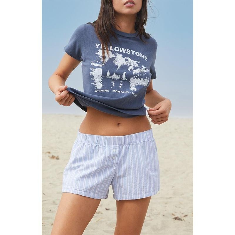 John Galt Women's White & Blue Keira Striped Boxer Shorts T-Shirts, Hoodie, Sweatshirt | DripVista.com