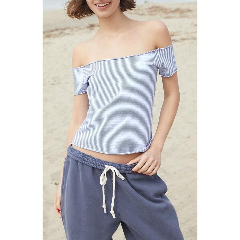 John Galt Women's White & Light Blue Striped Bonnie Off-The-Shoulder Top T-Shirts, Hoodie, Sweatshirt | DripVista.com