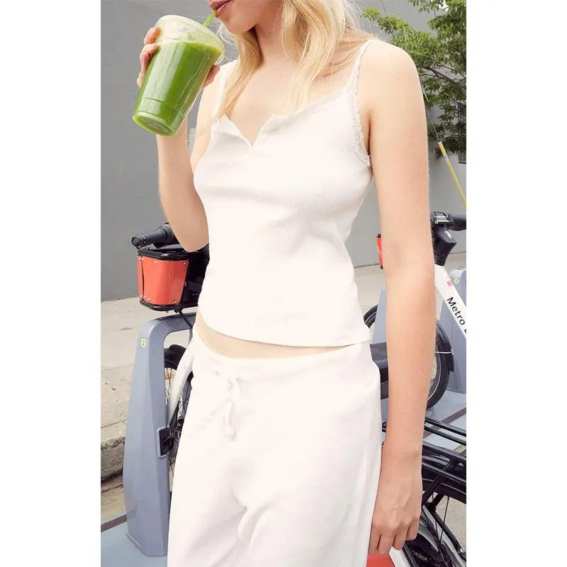 John Galt Women's White Amaya Lace Trim Tank Top T-Shirts, Hoodie, Sweatshirt | DripVista.com