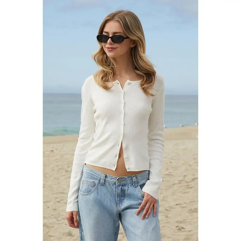 John Galt Women's White Athelia Pointelle Cardigan T-Shirts, Hoodie, Sweatshirt | DripVista.com
