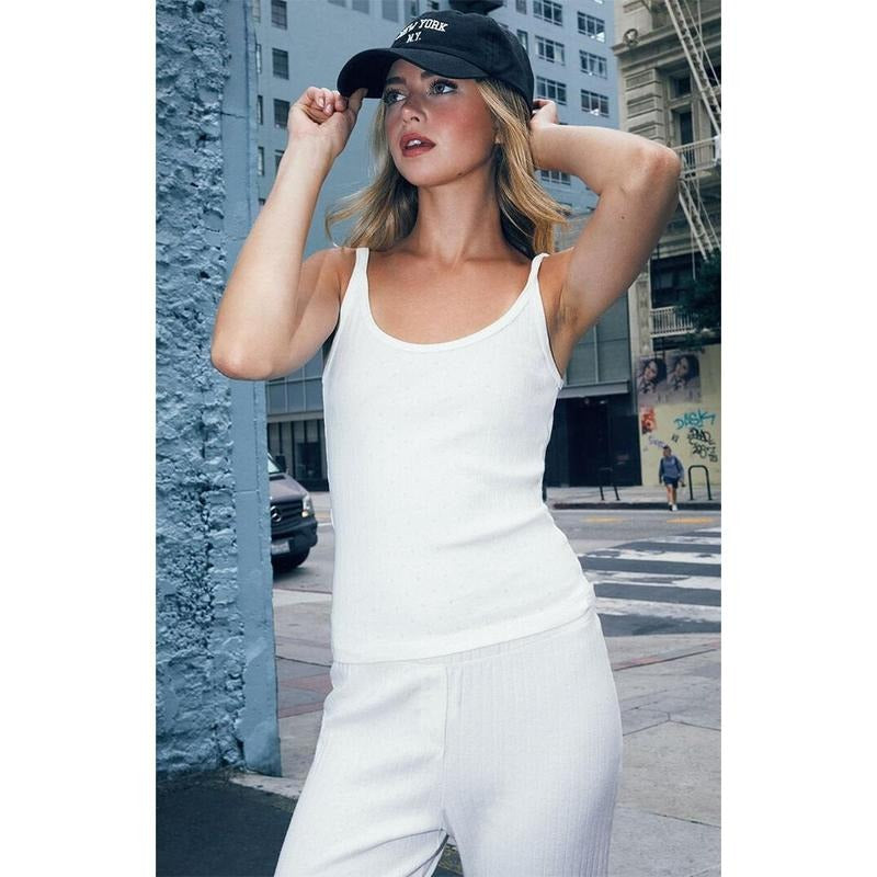 John Galt Women's White Beyonca Pointelle Long Tank Top T-Shirts, Hoodie, Sweatshirt | DripVista.com