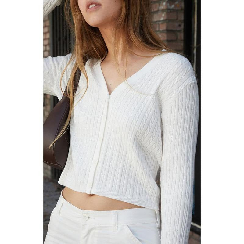 John Galt Women's White Cable Knit Button Up Cardigan T-Shirts, Hoodie, Sweatshirt | DripVista.com