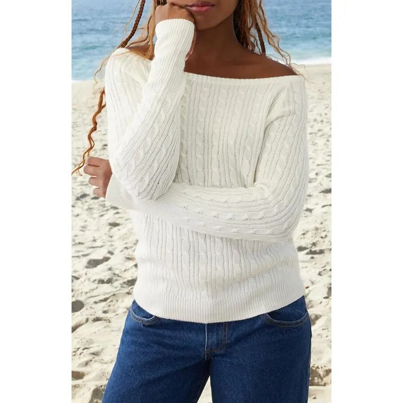 John Galt Women's White Elissa Cable Knit Sweater T-Shirts, Hoodie, Sweatshirt | DripVista.com