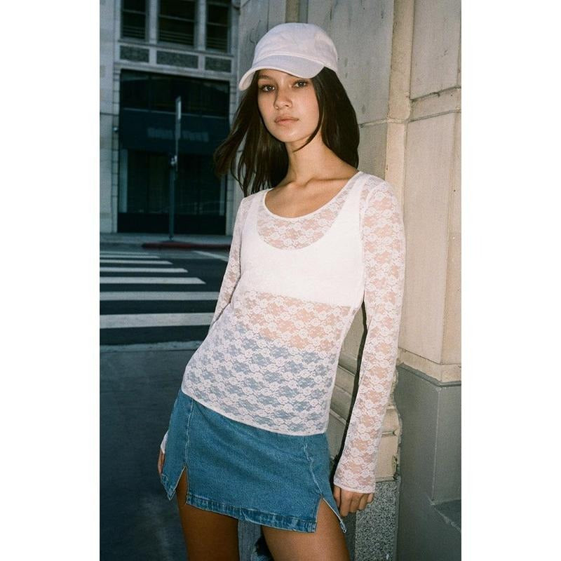John Galt Women's White Lace Long Sleeve Top T-Shirts, Hoodie, Sweatshirt | DripVista.com