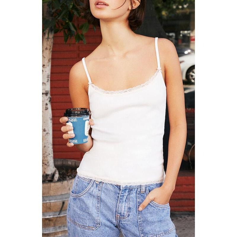 John Galt Women's White Lace Trim Skylar Tank Top T-Shirts, Hoodie, Sweatshirt | DripVista.com