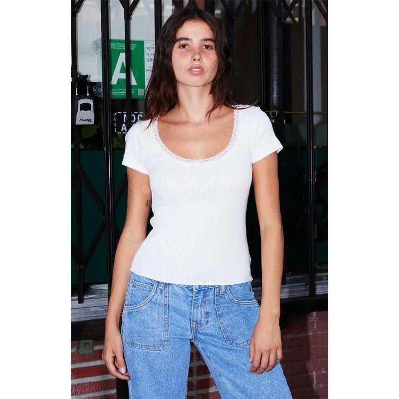 John Galt Women's White Mckenna Pointelle Bow Short Sleeve Top T-Shirts, Hoodie, Sweatshirt | DripVista.com