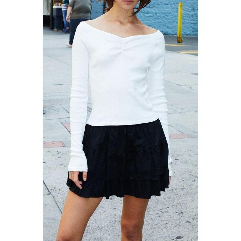 John Galt Women's White Off-The-Shoulder Cinched Long Sleeve Top T-Shirts, Hoodie, Sweatshirt | DripVista.com