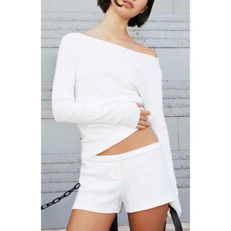 John Galt Women's White Pointelle Keira Pajama Shorts T-Shirts, Hoodie, Sweatshirt | DripVista.com