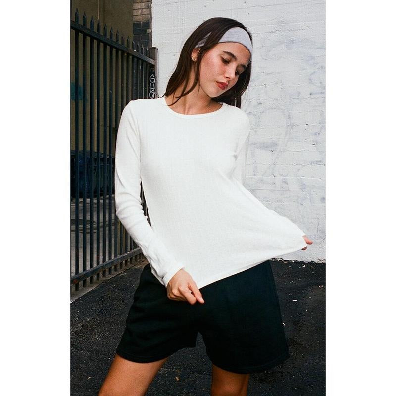 John Galt Women's White Pointelle Long Sleeve Top T-Shirts, Hoodie, Sweatshirt | DripVista.com