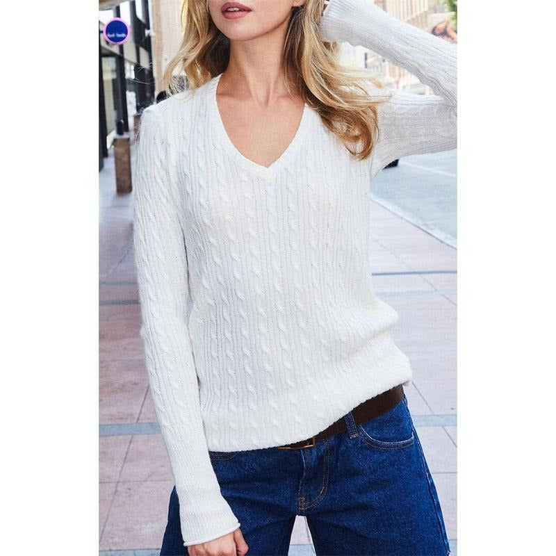 John Galt Women's White V-Neck Cable Knit Sweater T-Shirts, Hoodie, Sweatshirt | DripVista.com
