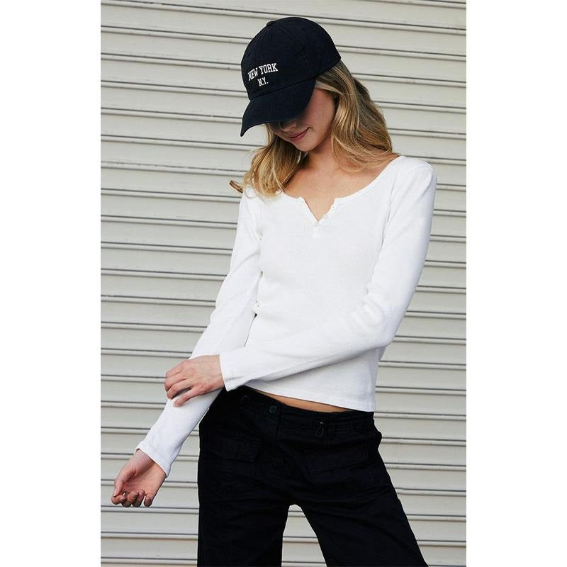 John Galt Women's White Zelly Henley Long Sleeve Top T-Shirts, Hoodie, Sweatshirt | DripVista.com