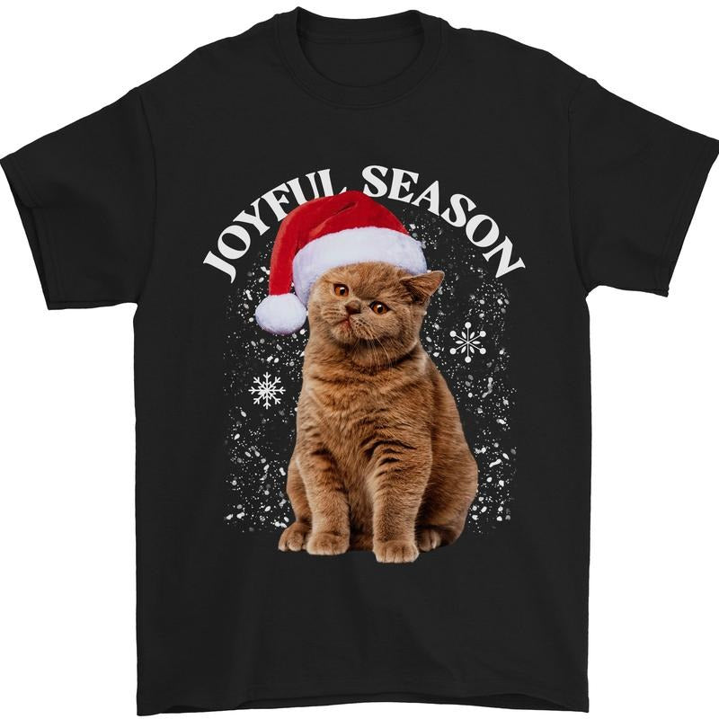 Joyful Season Christmas Funny Cat Xmas Mens T-Shirt 100% Cotton Made in USA Hoodie, Sweatshirt | DripVista.com