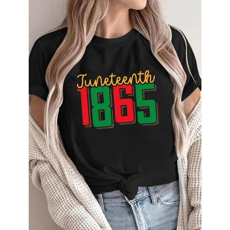 Juneteenth 1865 Print T-shirt, Short Sleeve Crew Neck Casual Top For Summer & Spring, Women'WB shield Clothing Hoodie,...