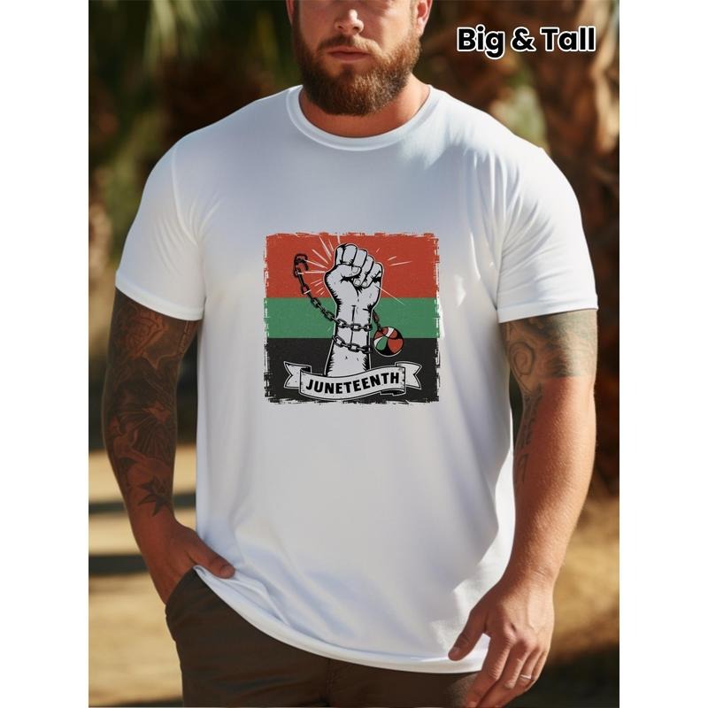 Juneteenth Print Men'WB shield Plus Size Short Sleeve T-Shirts, Comfy Casual Elastic Crew Neck Tops, Men'WB shield Daily...