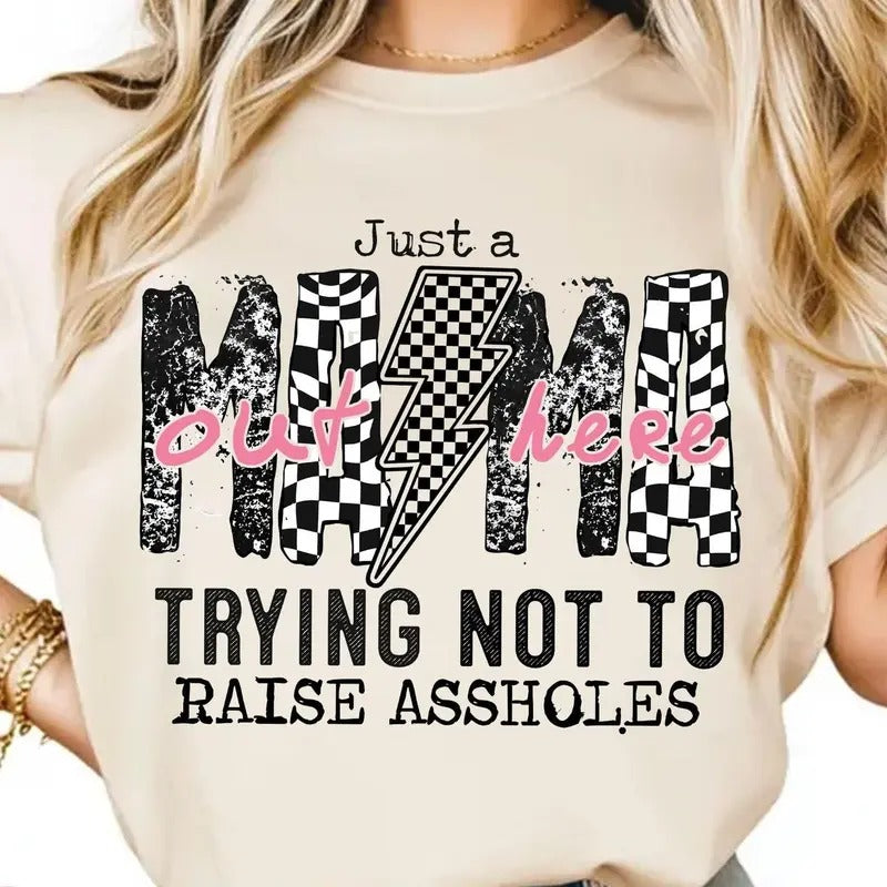 Just A Mom Out Here Funny Saying Shirt, Sassy Mama, Motherhood Sarcasm Mom Tee, Checkered Mama Shirt, Mother's Day Gift