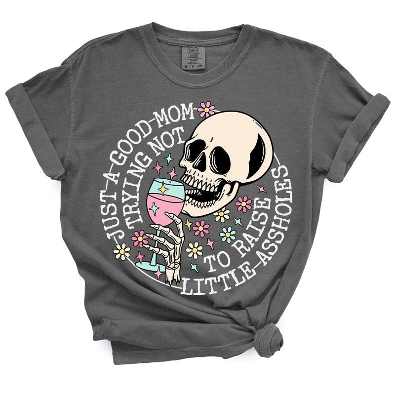 Just A Mom Trying Not To Raise Aholes TShirt - Casual Summer Top Hoodie, Sweatshirt | DripVista.com